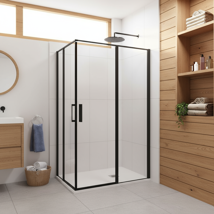 Nischentür Dusche Schwarz | 2 Drehtüren, Höhe 185 cm, 6mm NANO-Glas Duschabtrennung