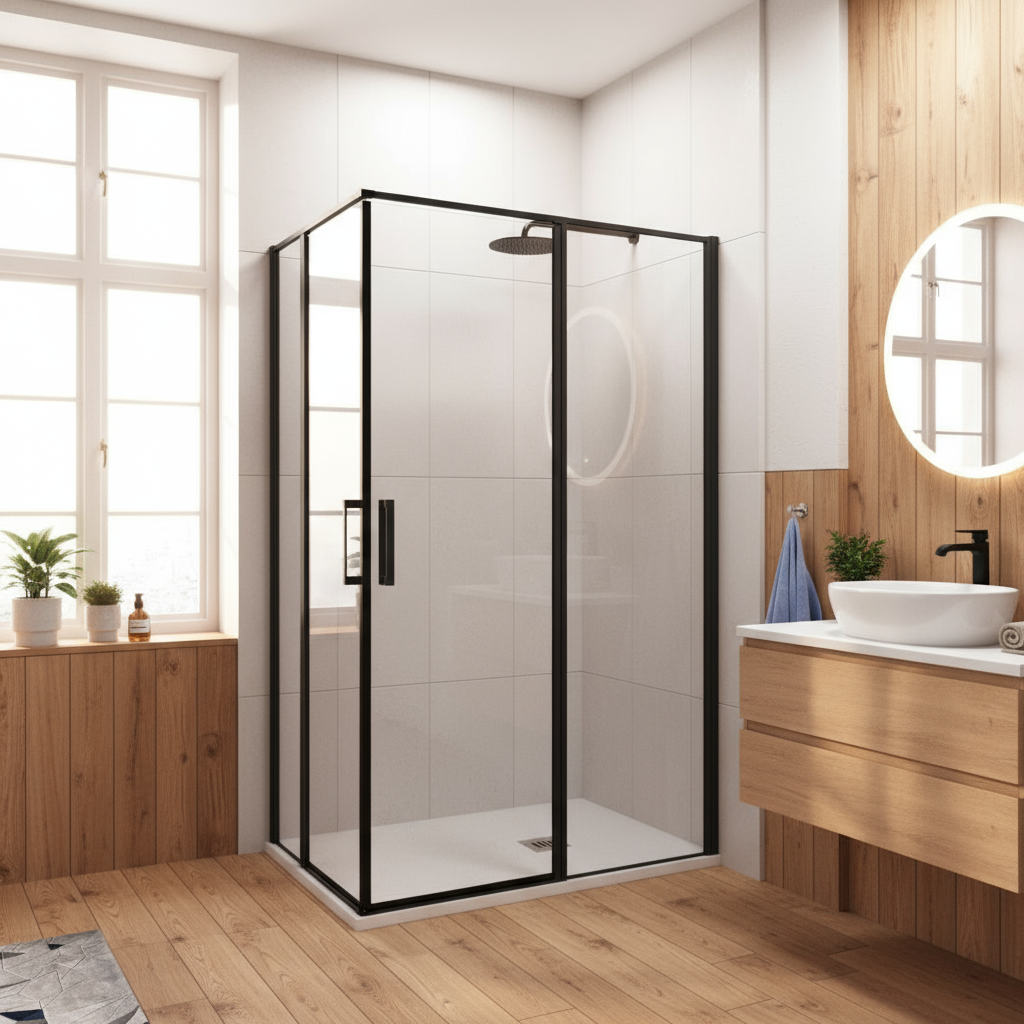 Nischentür Dusche Schwarz | 2 Drehtüren, Höhe 185 cm, 6mm NANO-Glas Duschabtrennung