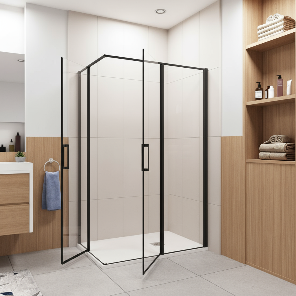 Nischentür Dusche Schwarz | 2 Drehtüren, Höhe 185 cm, 6mm NANO-Glas Duschabtrennung