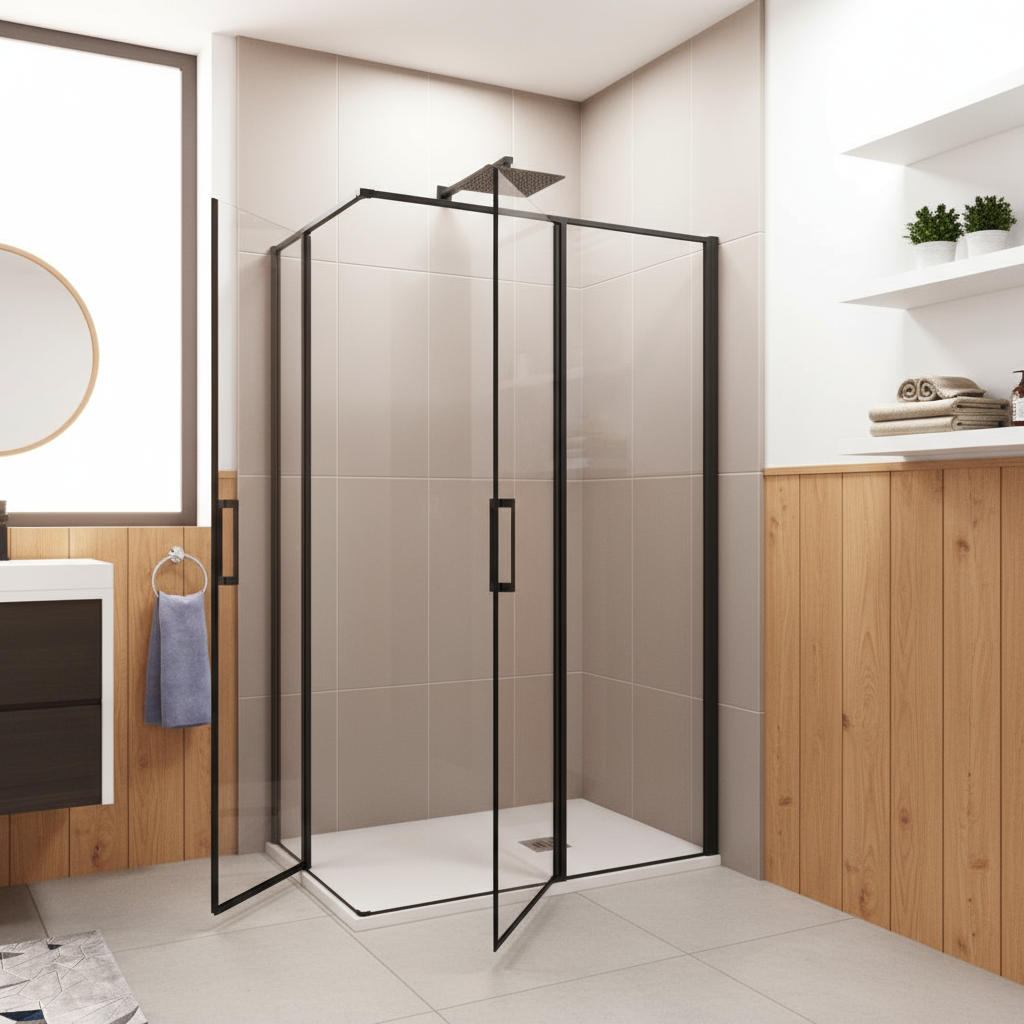 Nischentür Dusche Schwarz | 2 Drehtüren, Höhe 185 cm, 6mm NANO-Glas Duschabtrennung