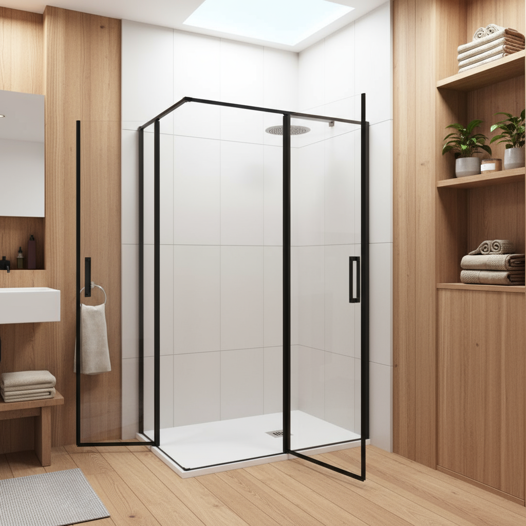 Nischentür Dusche Schwarz | 2 Drehtüren, Höhe 185 cm, 6mm NANO-Glas Duschabtrennung