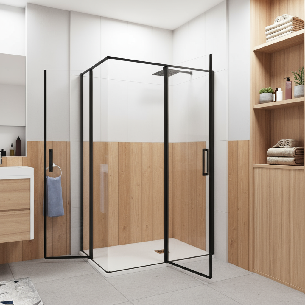 Nischentür Dusche Schwarz | 2 Drehtüren, Höhe 185 cm, 6mm NANO-Glas Duschabtrennung