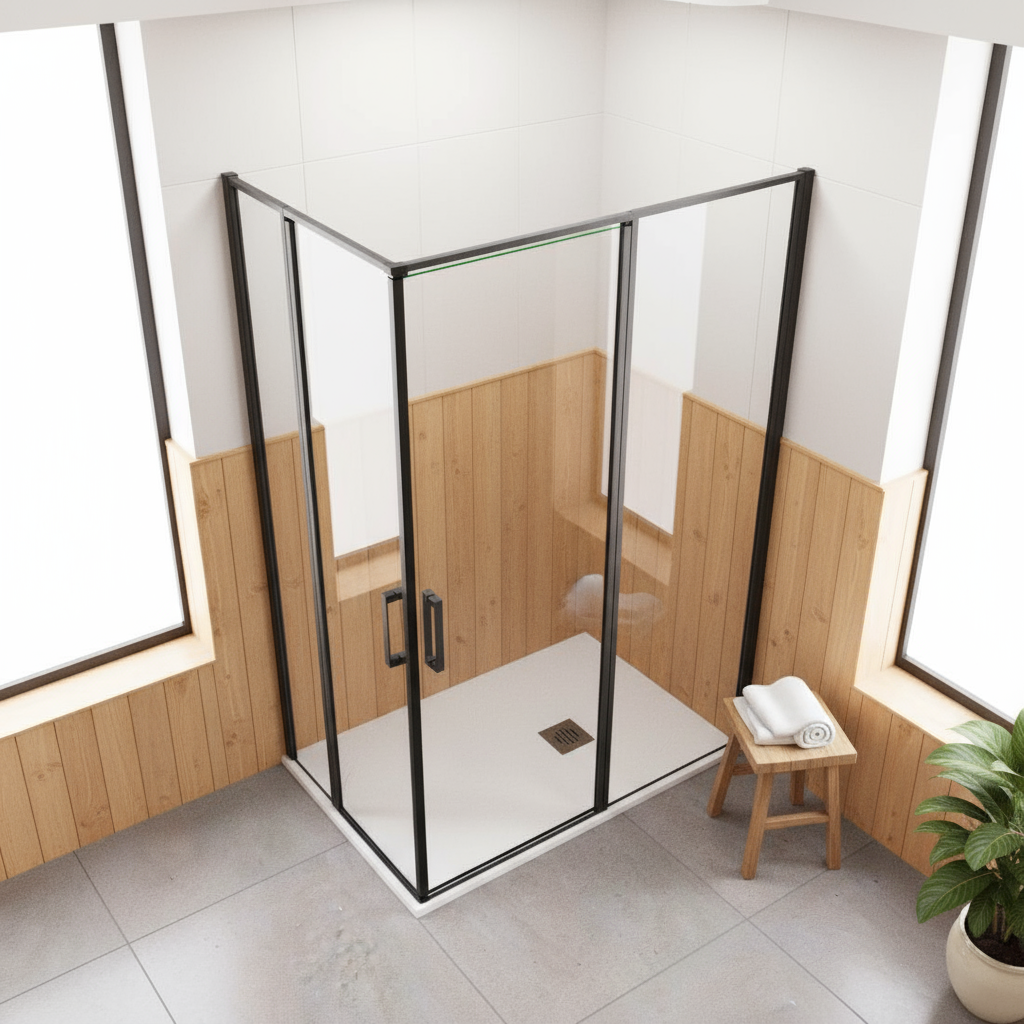 Nischentür Dusche Schwarz | 2 Drehtüren, Höhe 185 cm, 6mm NANO-Glas Duschabtrennung