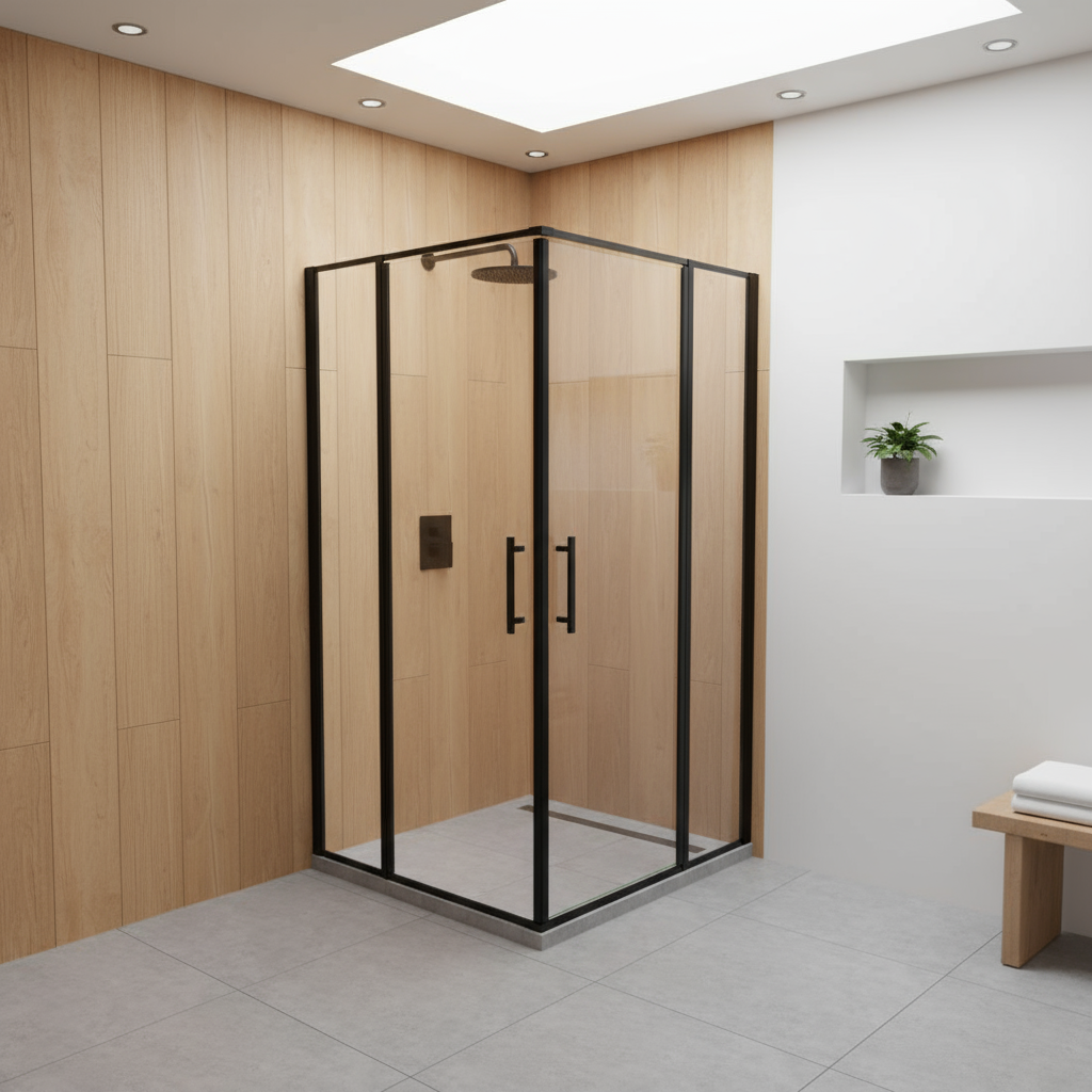 Nischentür Dusche Schwarz | 2 Drehtüren, Höhe 185 cm, 6mm NANO-Glas Duschabtrennung