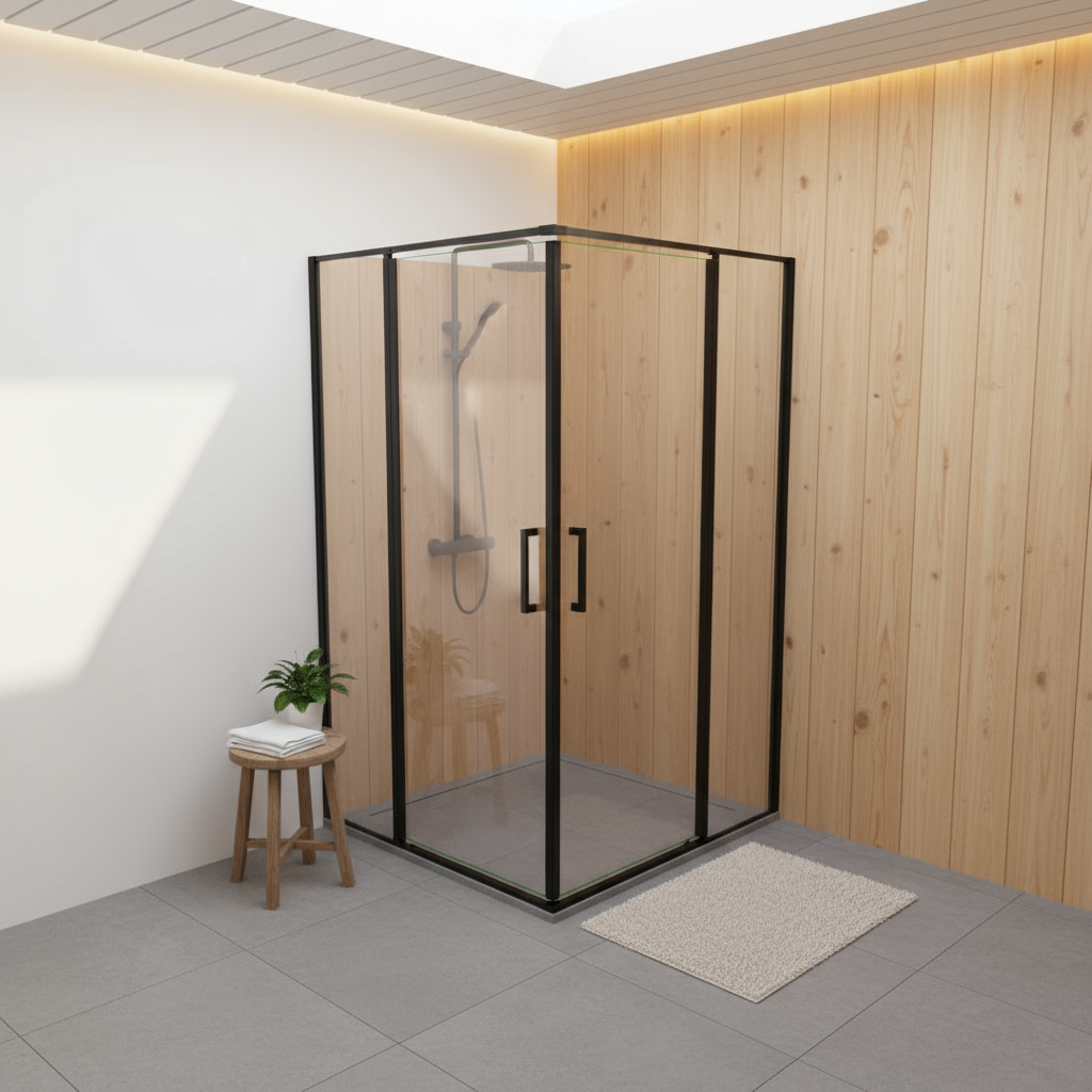 Nischentür Dusche Schwarz | 2 Drehtüren, Höhe 185 cm, 6mm NANO-Glas Duschabtrennung