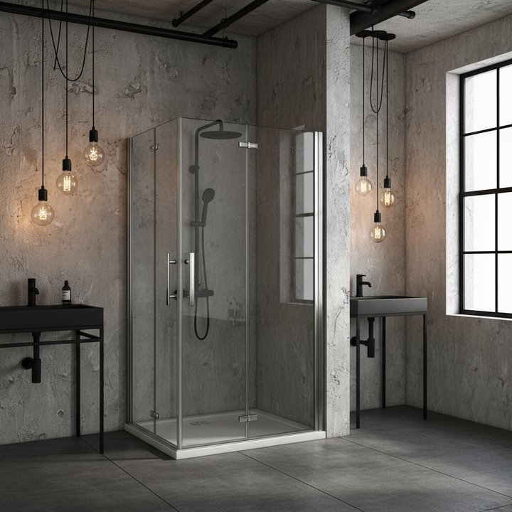 Eckdusche 195 cm Höhe | Eckeinstieg Duschkabine mit 180° Falttür & Duschwand