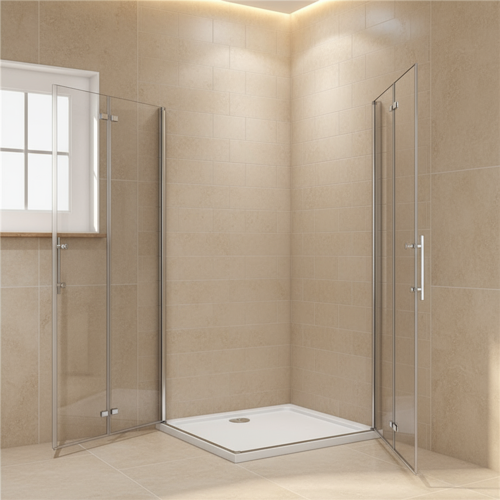 Eckeinstieg Duschkabine 70–120cm x 185cm | Duschabtrennung mit 180° Falttür & Duschwand