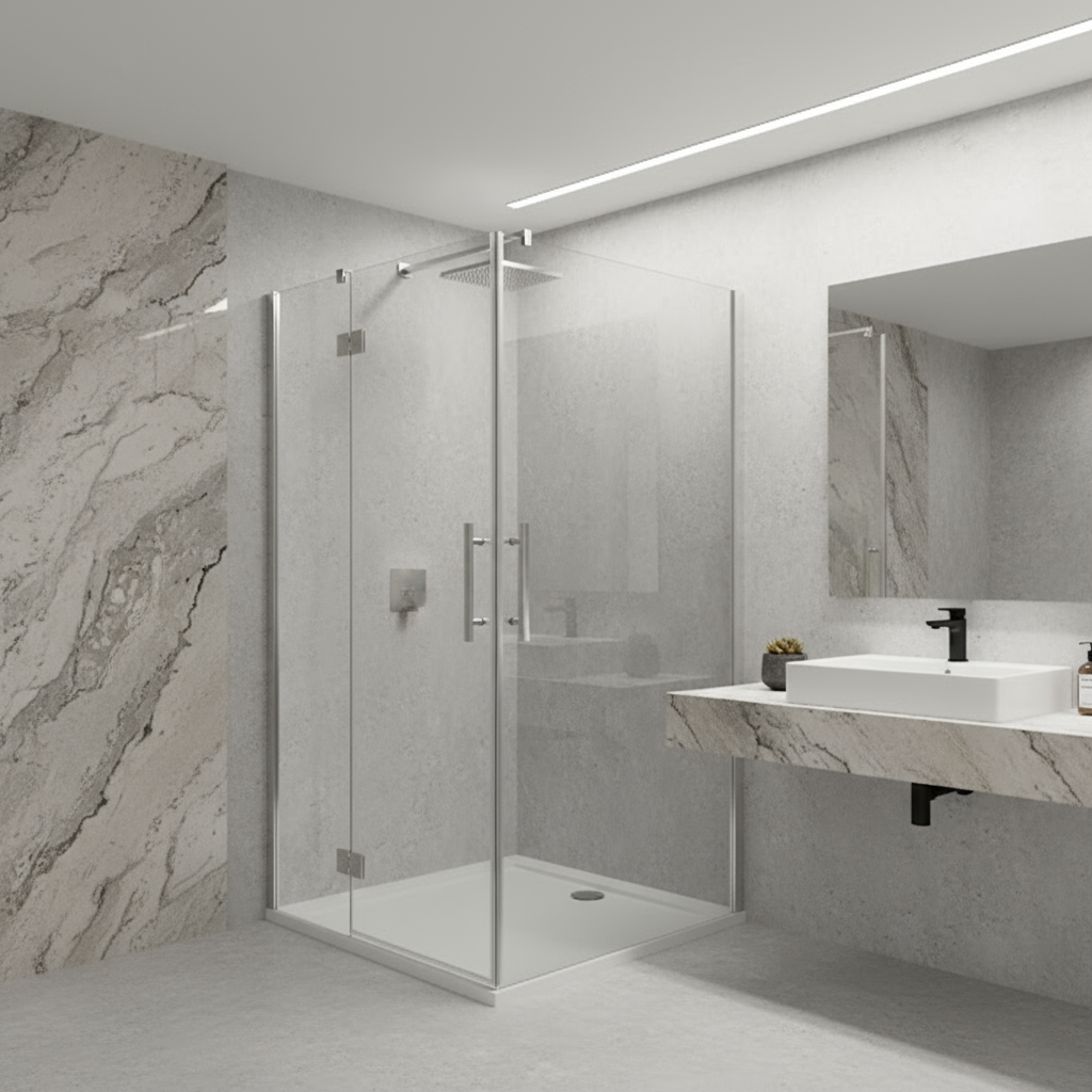 Eckeinstieg Duschkabine 70–100cm | Höhe 185cm | Schwingtür/Drehtür mit ESG Glas