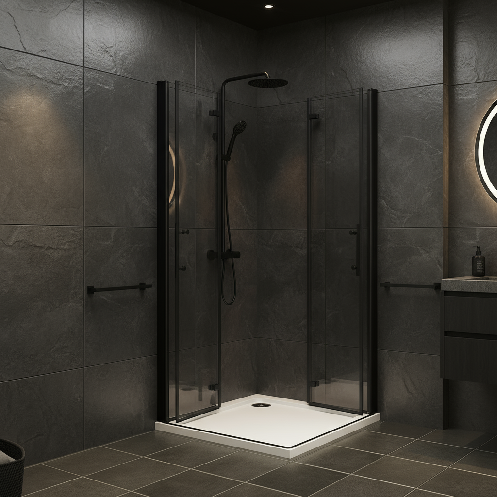 Eckige Duschkabine Falttür ESG Glas 70–120x195cm | Schwarz mit Glasschutzfolie