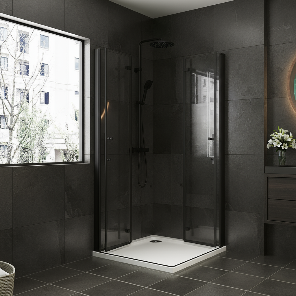 Eckige Duschkabine Falttür ESG Glas 70–120x195cm | Schwarz mit Glasschutzfolie