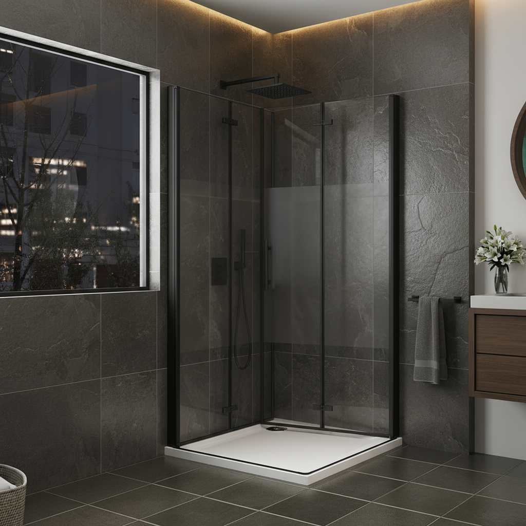 Eckige Duschkabine Falttür ESG Glas 70–120x195cm | Schwarz mit Glasschutzfolie