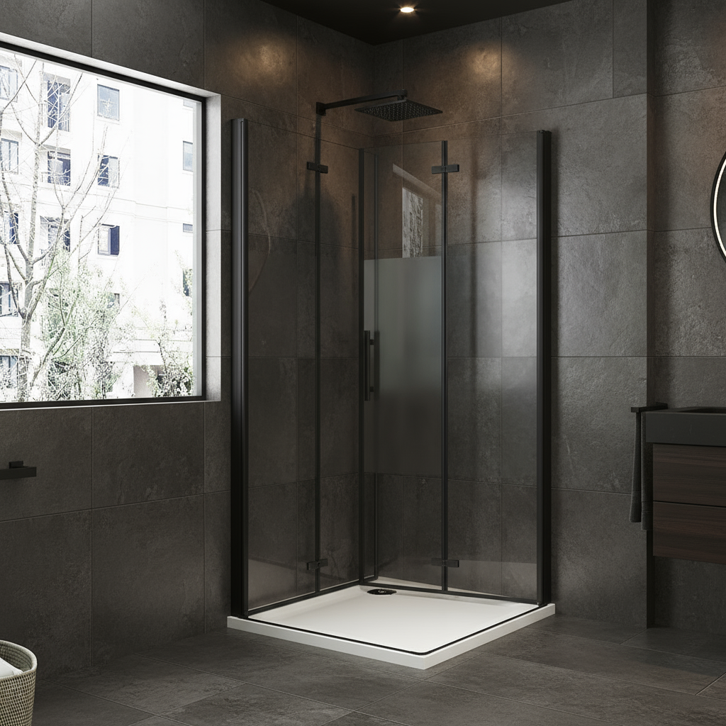 Eckige Duschkabine Falttür ESG Glas 70–120x195cm | Schwarz mit Glasschutzfolie