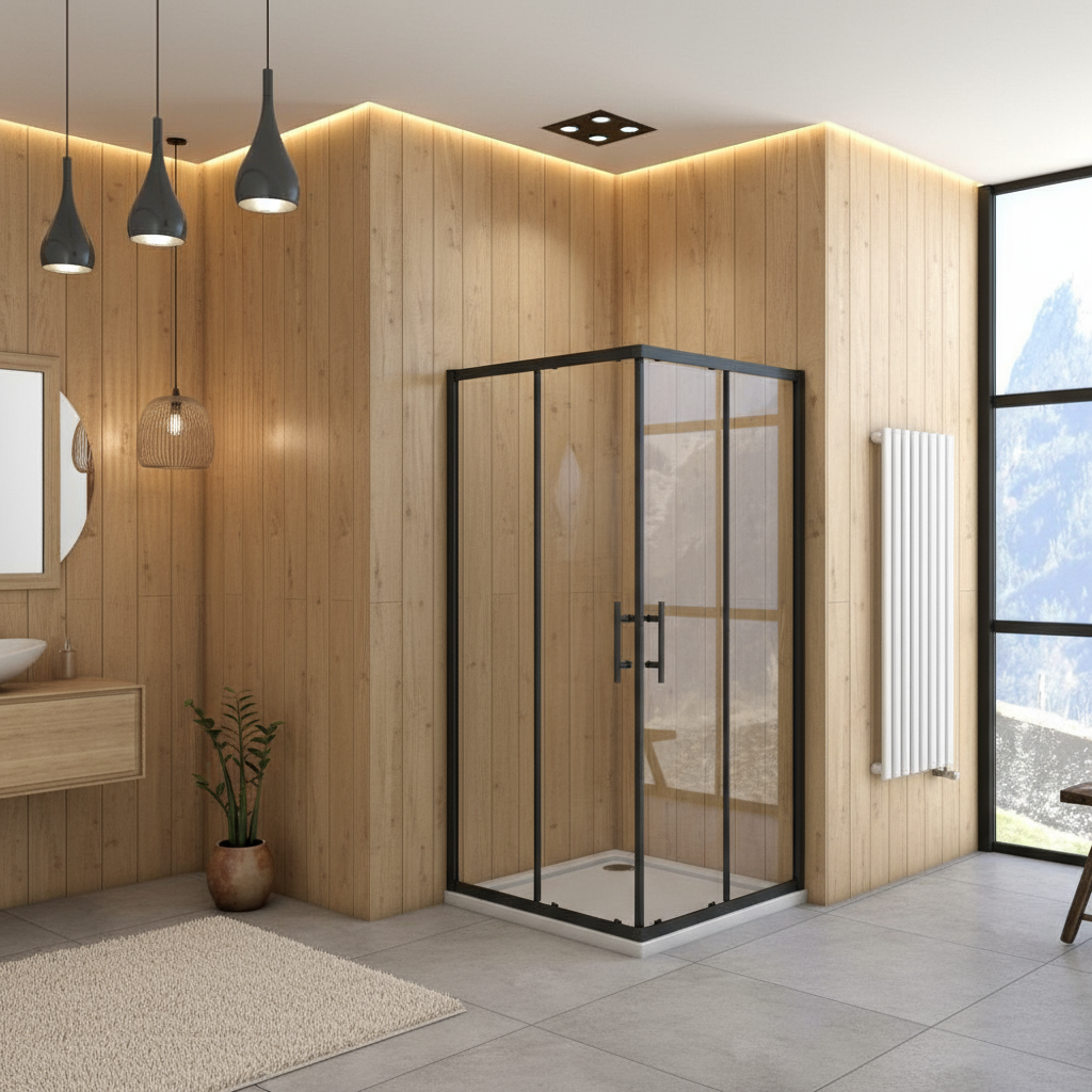 Eckige Duschkabine 80x80/90x90x195cm – Schiebetür Schwarz Sicherheitsglas Dusche Eckeinstieg