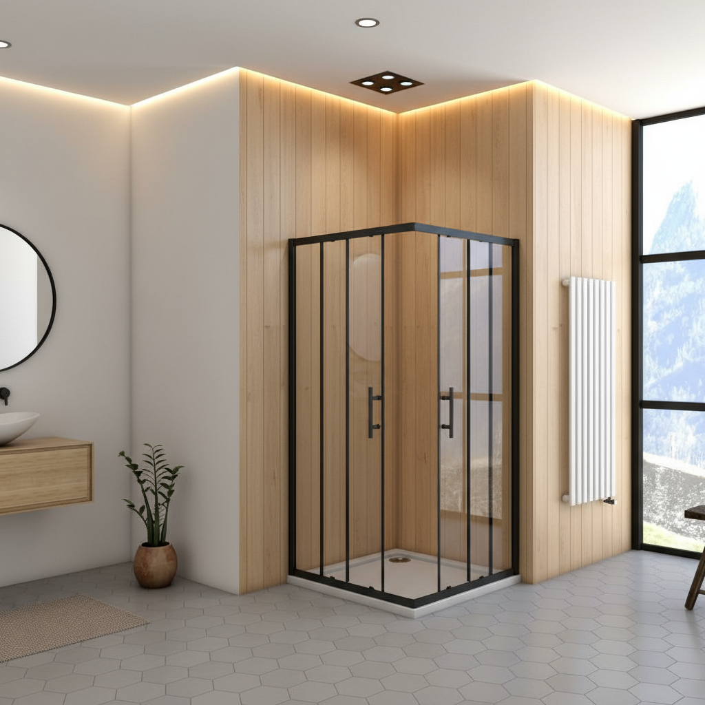 Eckige Duschkabine 80x80/90x90x195cm – Schiebetür Schwarz Sicherheitsglas Dusche Eckeinstieg