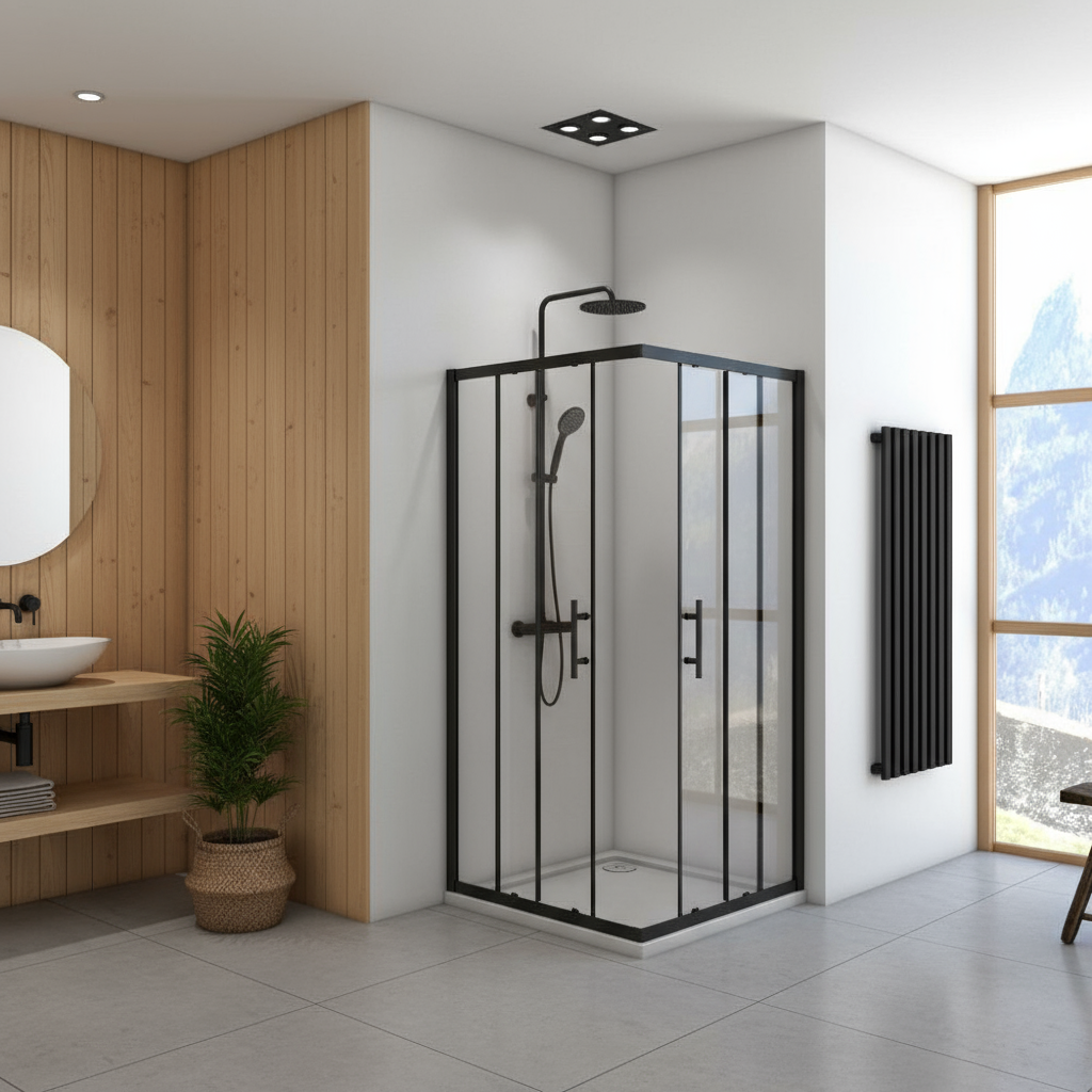 Eckige Duschkabine 80x80/90x90x195cm – Schiebetür Schwarz Sicherheitsglas Dusche Eckeinstieg