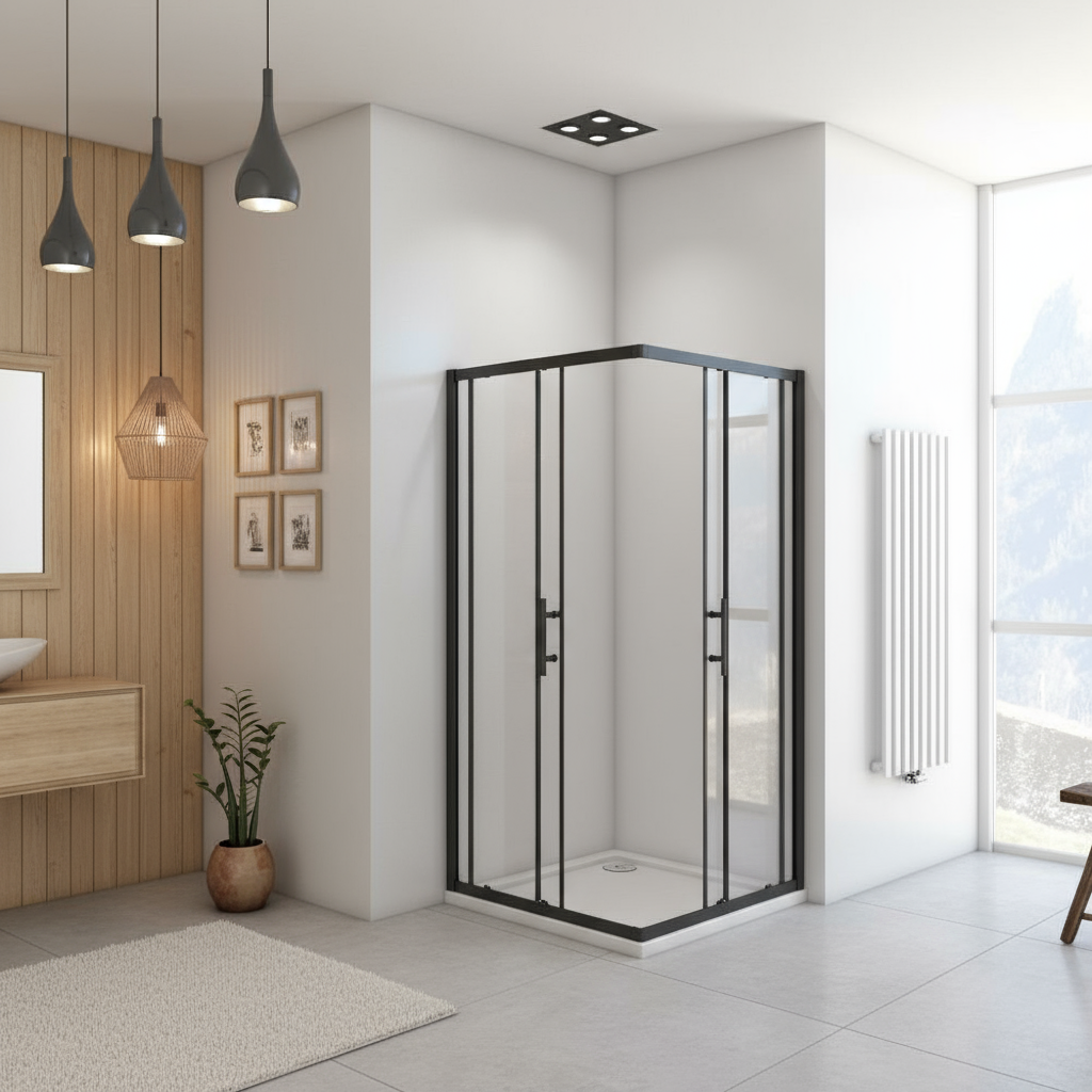 Eckige Duschkabine 80x80/90x90x195cm – Schiebetür Schwarz Sicherheitsglas Dusche Eckeinstieg