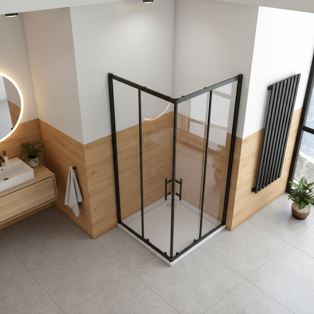 Eckige Duschkabine 80x80/90x90x195cm – Schiebetür Schwarz Sicherheitsglas Dusche Eckeinstieg