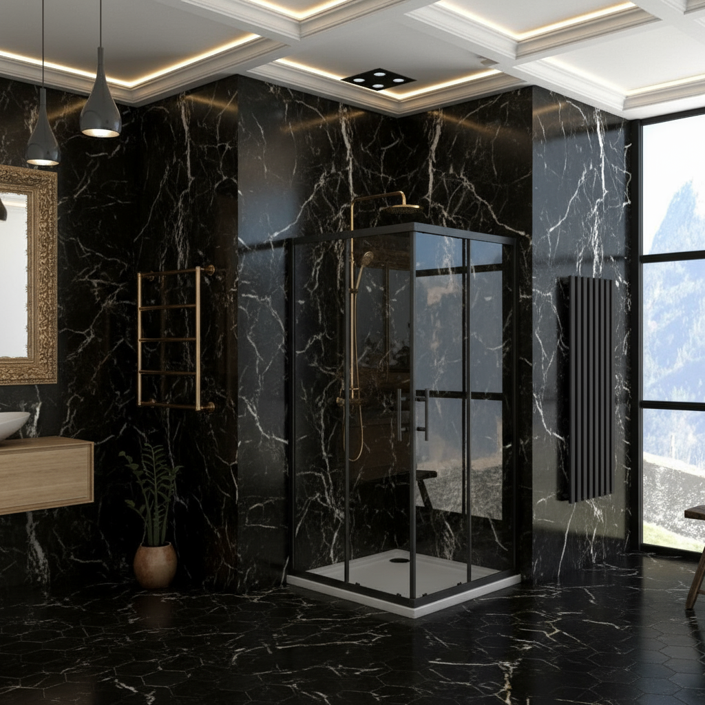 Eckige Duschkabine 80x80/90x90x195cm – Schiebetür Schwarz Sicherheitsglas Dusche Eckeinstieg