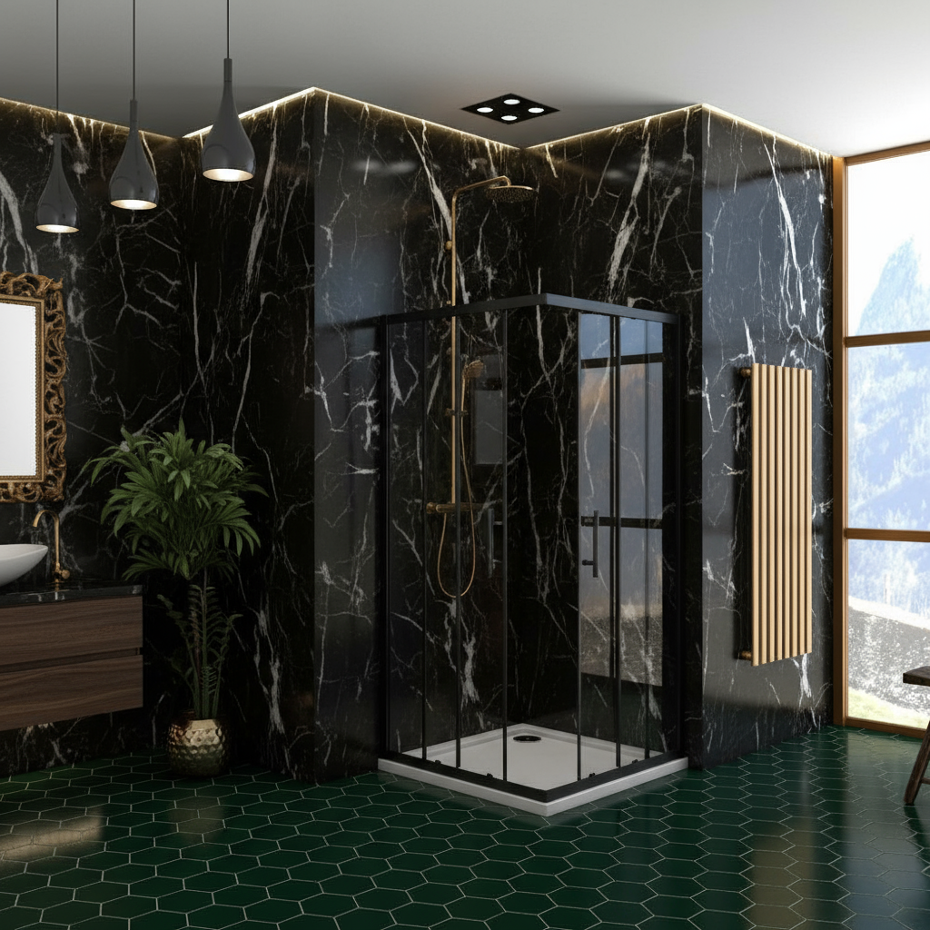 Eckige Duschkabine 80x80/90x90x195cm – Schiebetür Schwarz Sicherheitsglas Dusche Eckeinstieg