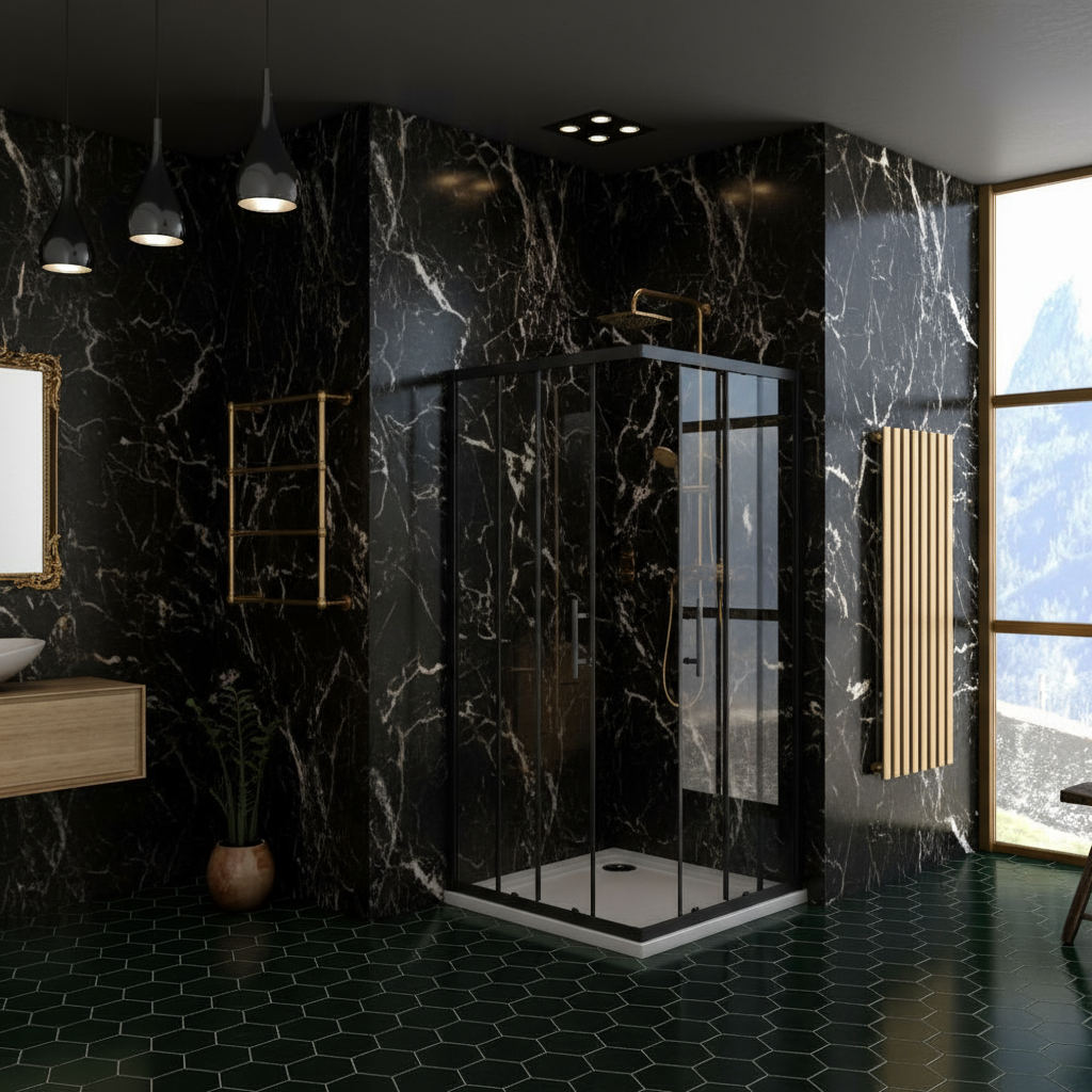 Eckige Duschkabine 80x80/90x90x195cm – Schiebetür Schwarz Sicherheitsglas Dusche Eckeinstieg