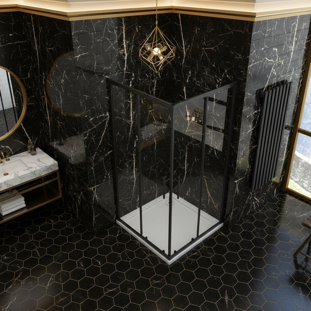 Eckige Duschkabine 80x80/90x90x195cm – Schiebetür Schwarz Sicherheitsglas Dusche Eckeinstieg