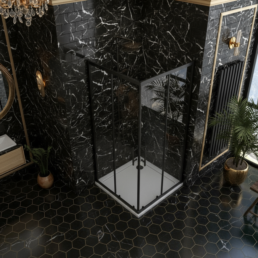 Eckige Duschkabine 80x80/90x90x195cm – Schiebetür Schwarz Sicherheitsglas Dusche Eckeinstieg