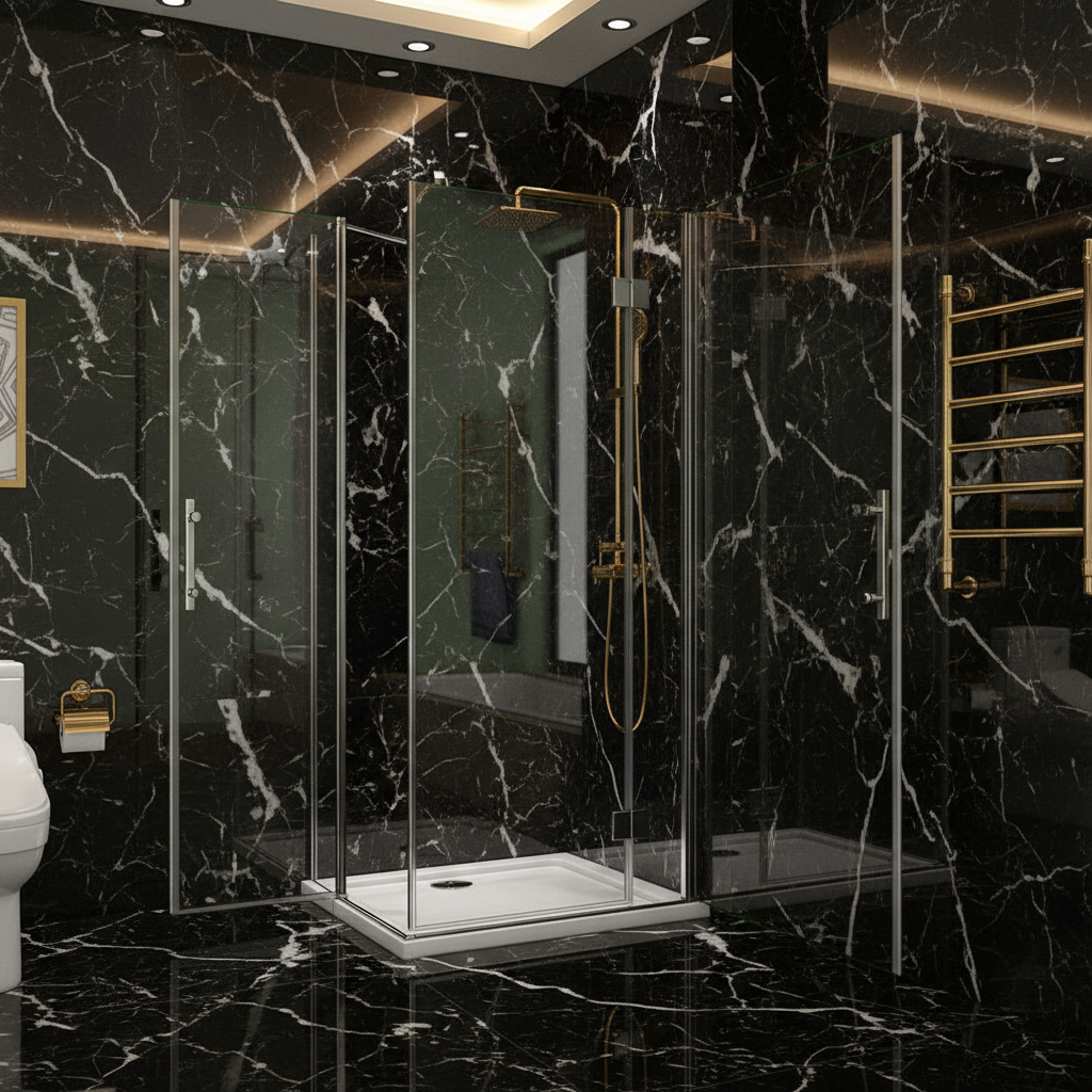 Eckdusche 70–120×195 cm – Eckeinstieg mit 180° Schwingtür/Pendeltür (Drehtür)