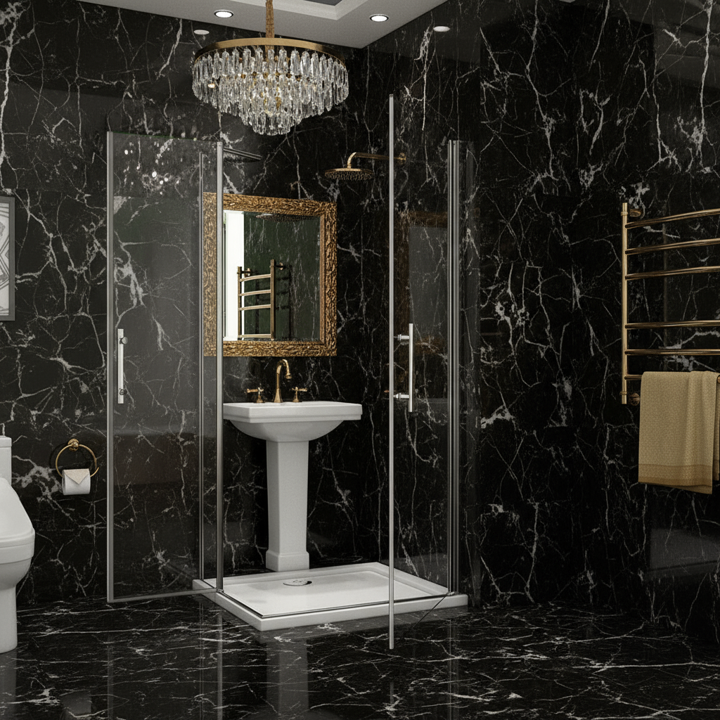 Eckdusche 70–120×195 cm – Eckeinstieg mit 180° Schwingtür/Pendeltür (Drehtür)