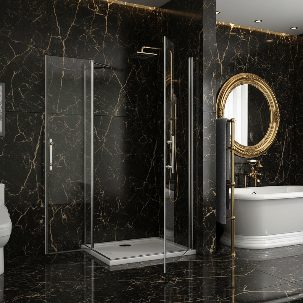 Eckdusche 70–120×195 cm – Eckeinstieg mit 180° Schwingtür/Pendeltür (Drehtür)