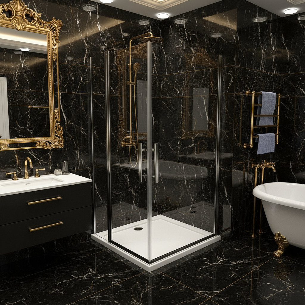 Eckdusche 70–120×195 cm – Eckeinstieg mit 180° Schwingtür/Pendeltür (Drehtür)