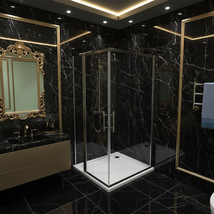 Eckdusche 70–120×195 cm – Eckeinstieg mit 180° Schwingtür/Pendeltür (Drehtür)