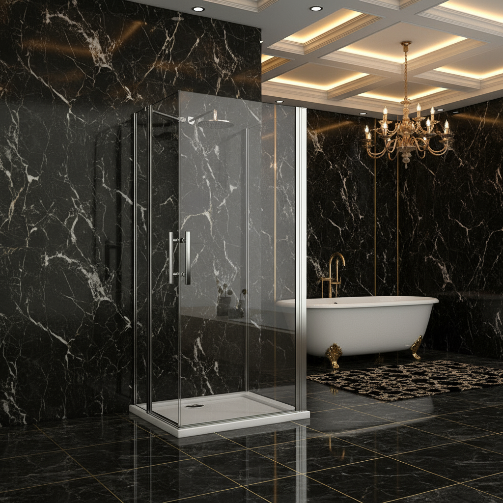 Eckdusche 70–120×195 cm – Eckeinstieg mit 180° Schwingtür/Pendeltür (Drehtür)