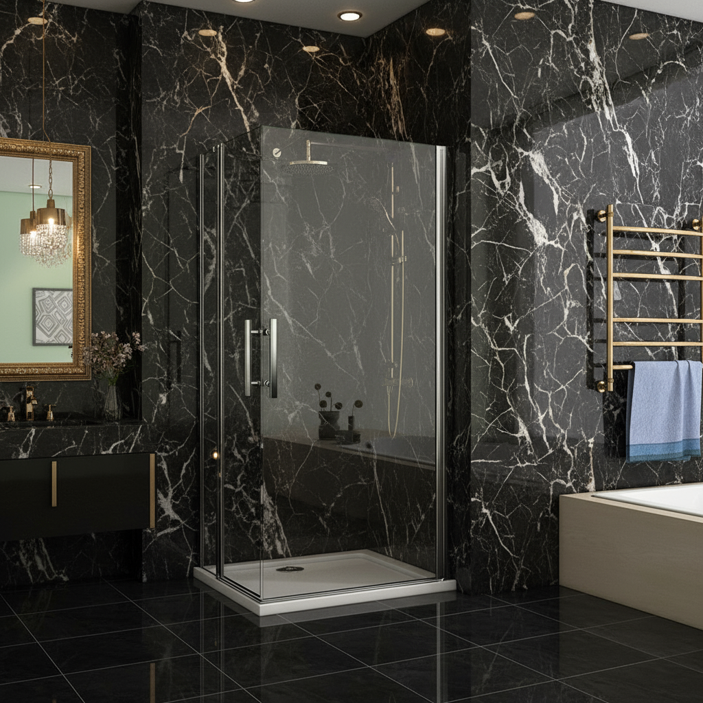 Eckdusche 70–120×195 cm – Eckeinstieg mit 180° Schwingtür/Pendeltür (Drehtür)