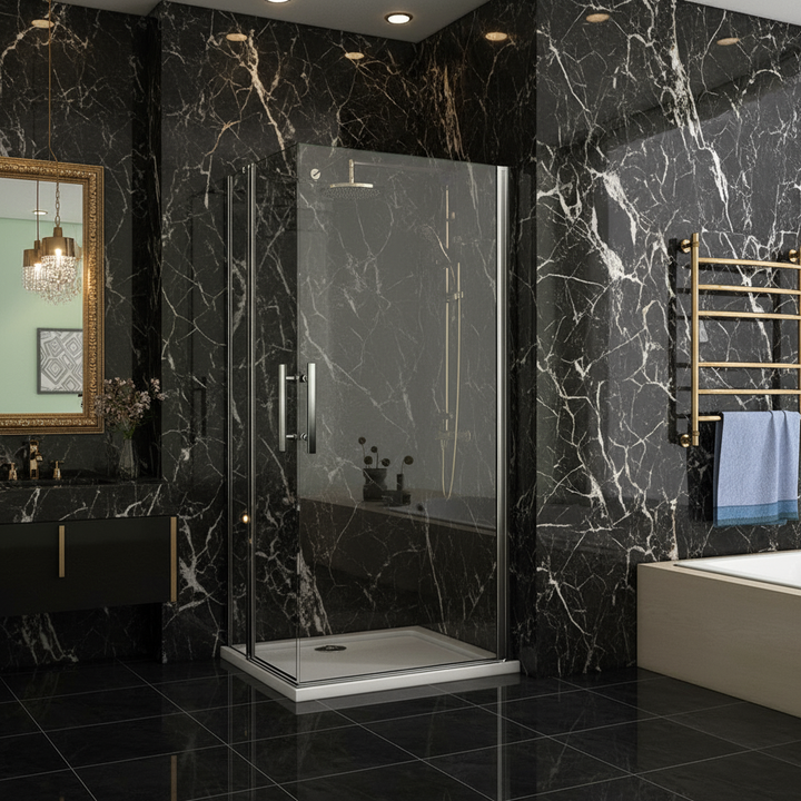 Eckdusche 70–120×195 cm – Eckeinstieg mit 180° Schwingtür/Pendeltür (Drehtür)