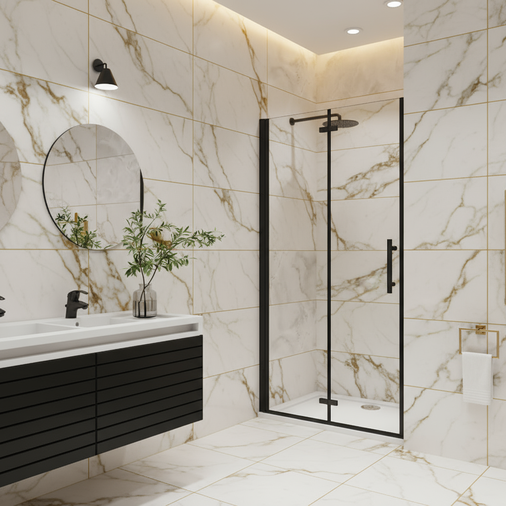 Schwarze Nischentür 195 cm | Schwingtür Duschkabine 70–120 cm, Falttür 6 mm NANO Glas