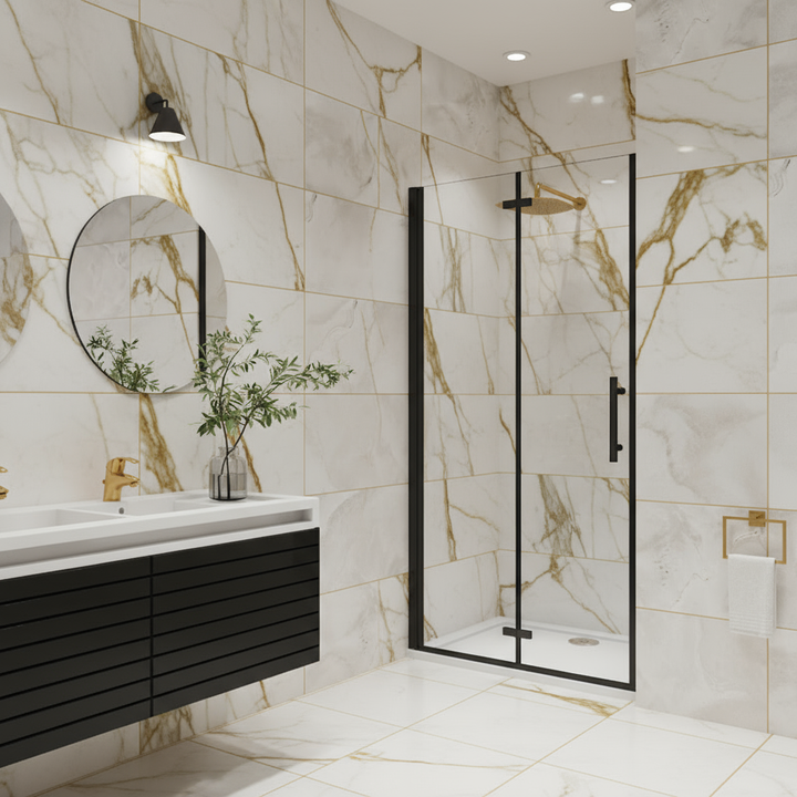 Schwarze Nischentür 195 cm | Schwingtür Duschkabine 70–120 cm, Falttür 6 mm NANO Glas