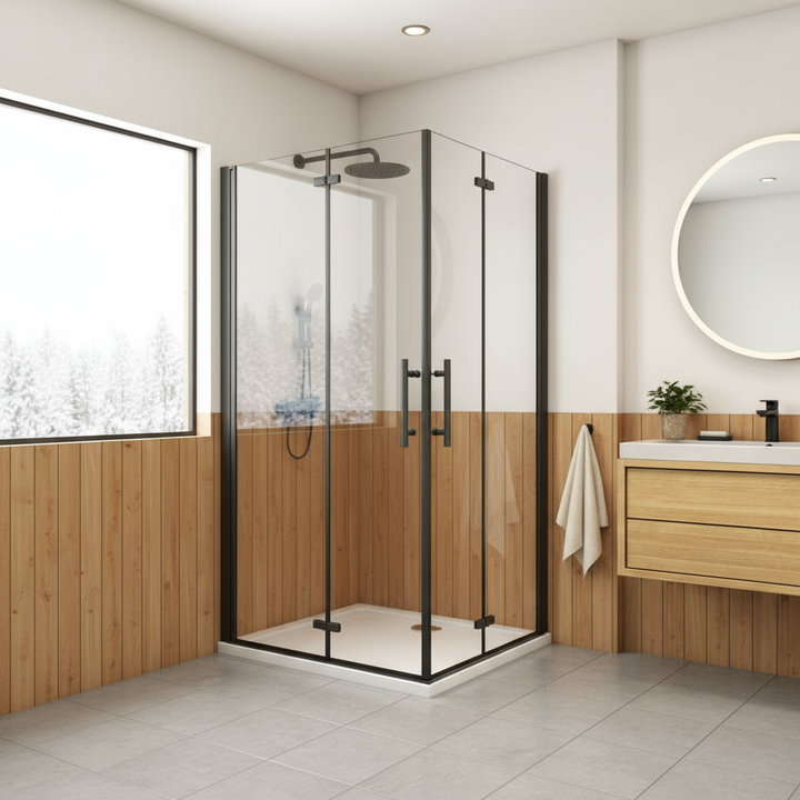 Duschkabine 195 cm | Schwarze Eckeinstieg Duschabtrennung mit Falttür