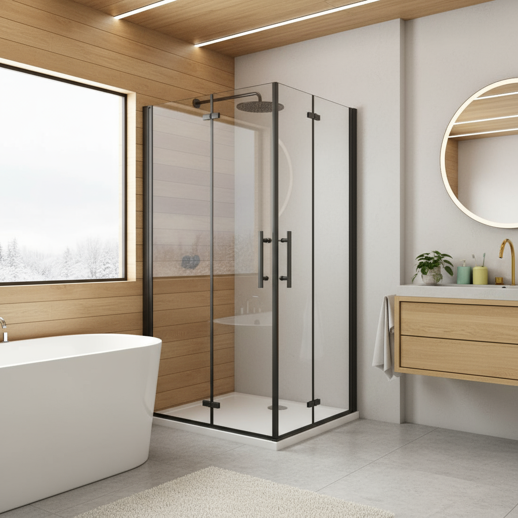 Duschkabine 195 cm | Schwarze Eckeinstieg Duschabtrennung mit Falttür