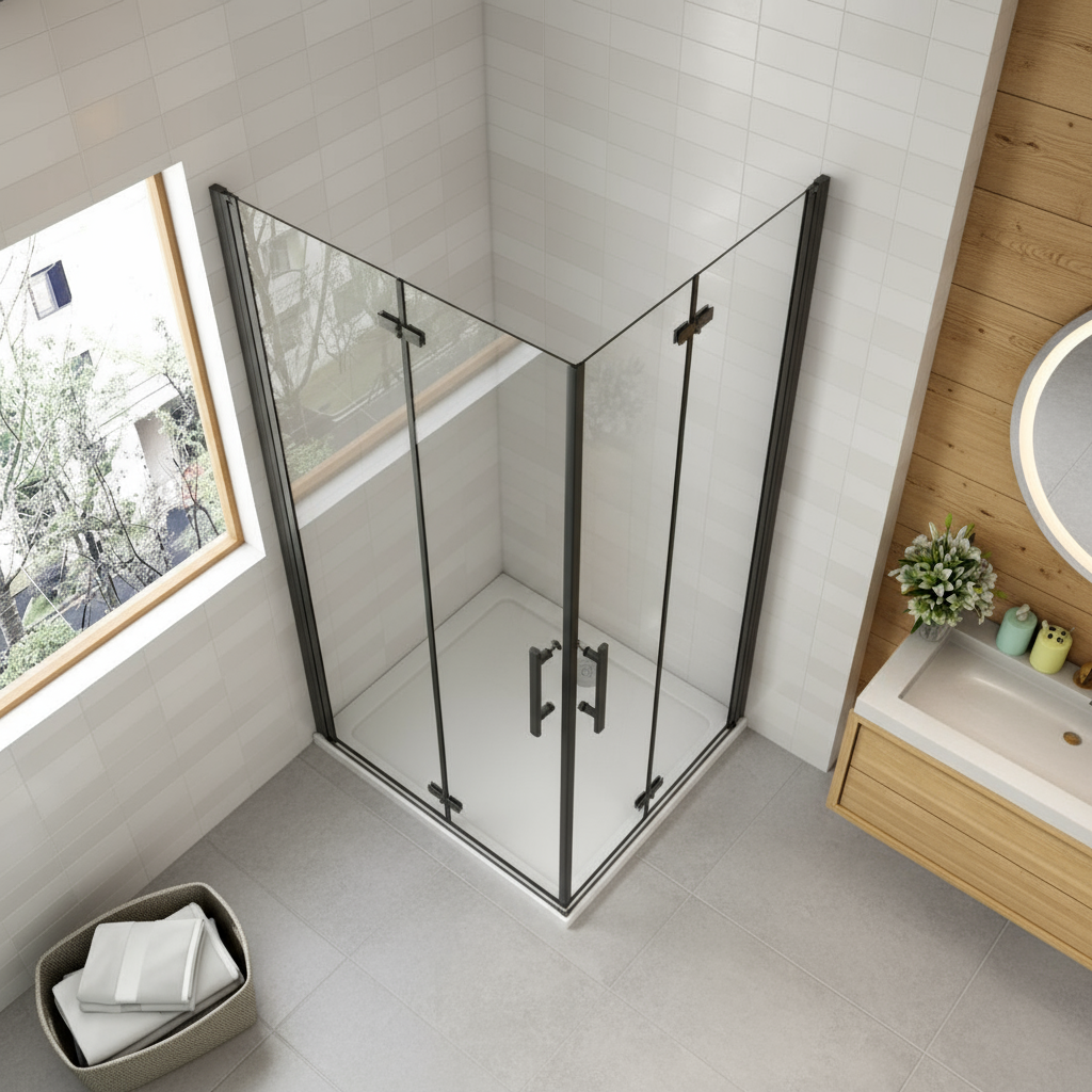 Duschkabine 195 cm | Schwarze Eckeinstieg Duschabtrennung mit Falttür