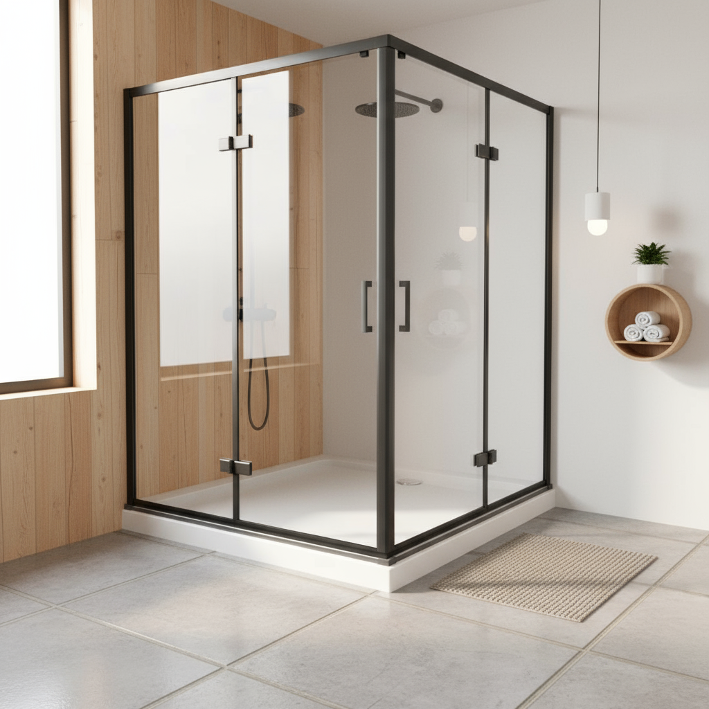 Duschkabine 195 cm | Schwarze Eckeinstieg Duschabtrennung mit Falttür