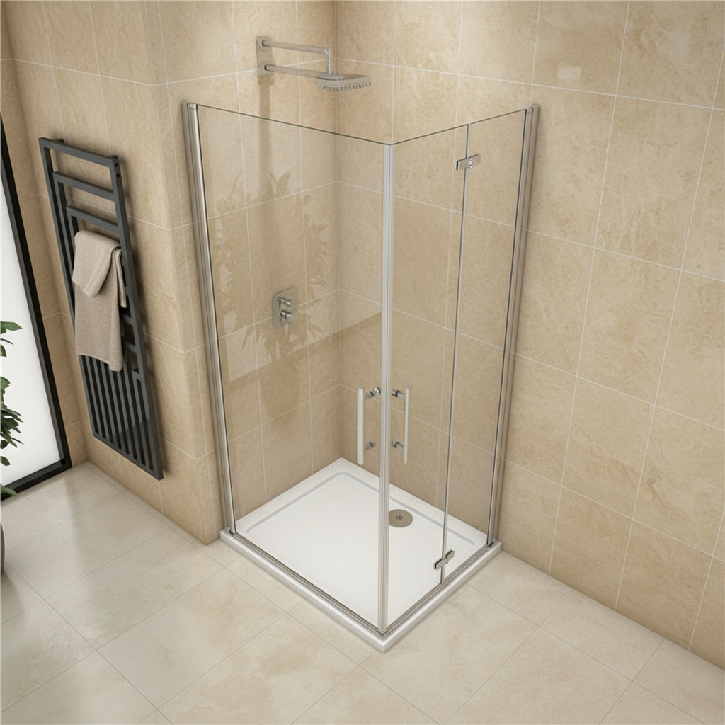 Eckdusche 195 cm | Duschkabine Eckeinstieg mit Falttür & Drehtür