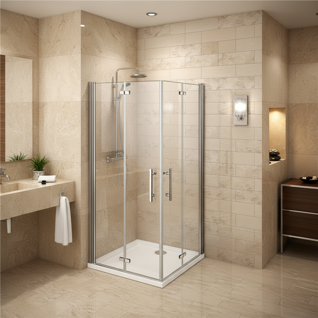 Eckeinstieg Duschkabine 80–100×195 cm – 6 mm ESG NANO, Falttür/Schwingtür