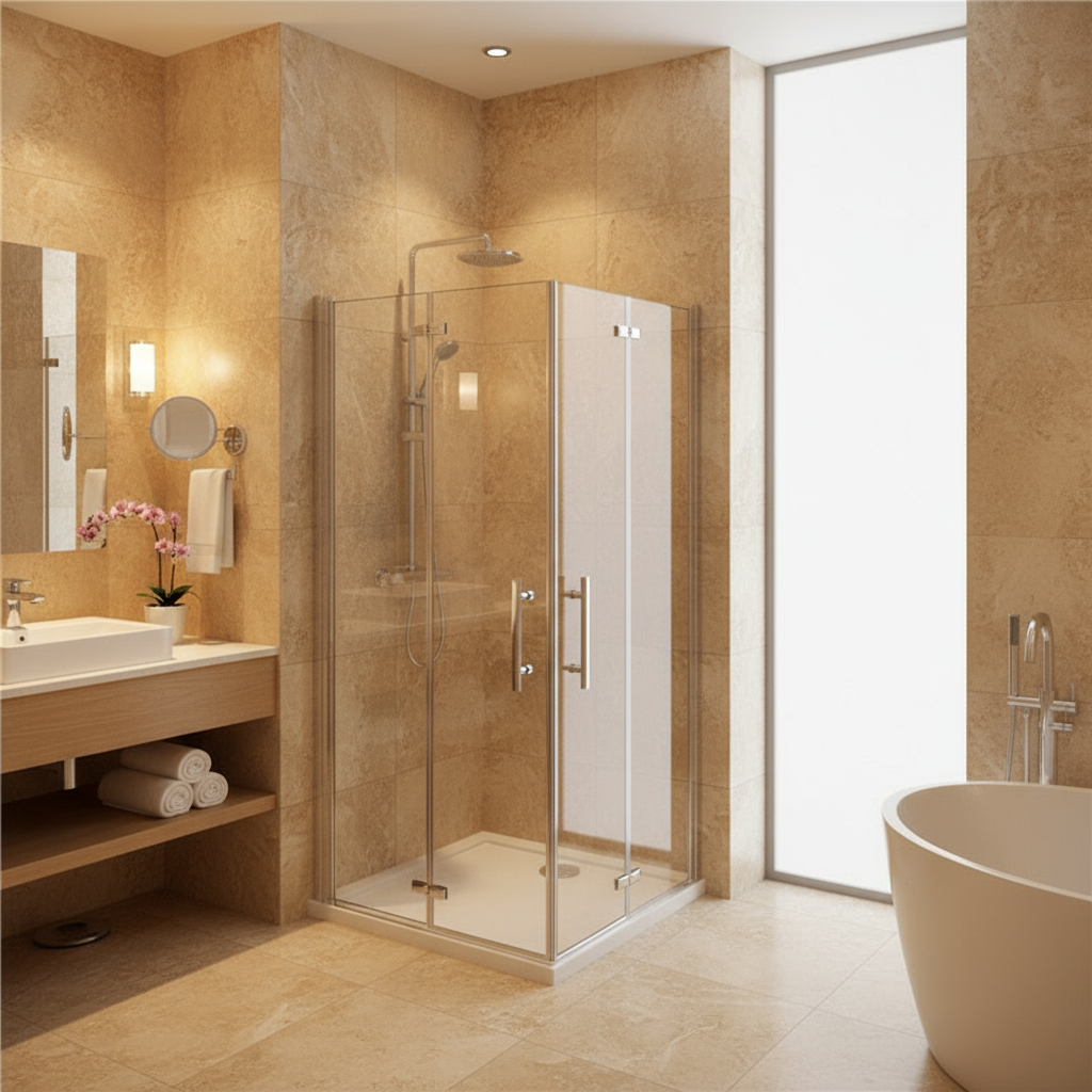 Eckeinstieg Duschkabine 80–100×195 cm – 6 mm ESG NANO, Falttür/Schwingtür