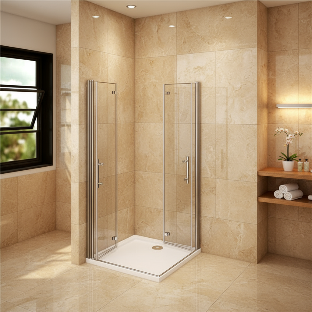 Eckeinstieg Duschkabine 80–100×195 cm – 6 mm ESG NANO, Falttür/Schwingtür