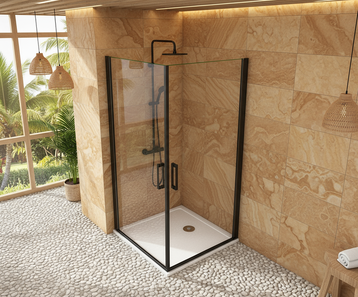 Duschkabine 200cm Schwarz Eckeinstieg 8mm ESG Schwingtür Drehtür mit Nano-Glas