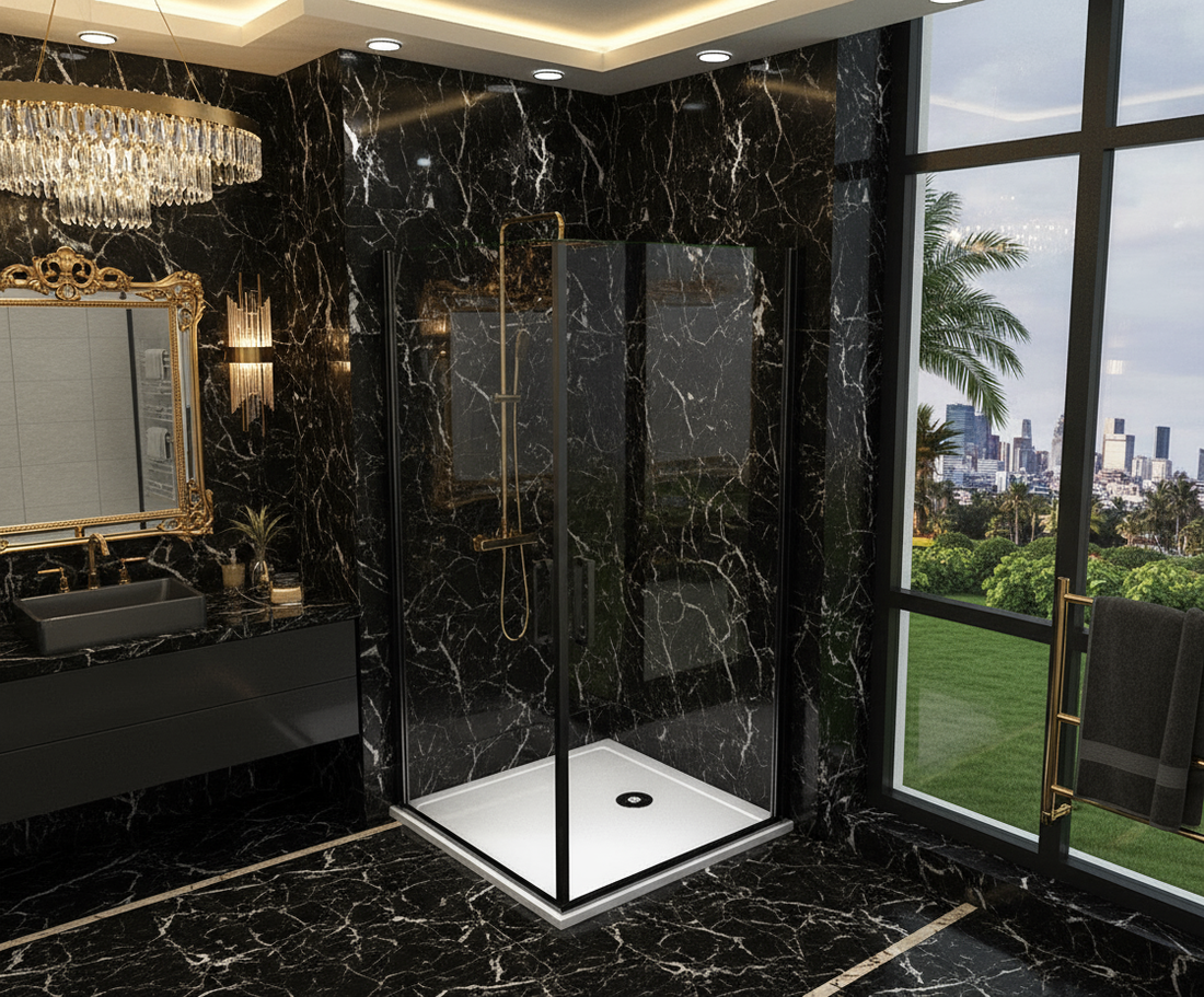 Duschkabine 200cm Schwarz Eckeinstieg 8mm ESG Schwingtür Drehtür mit Nano-Glas