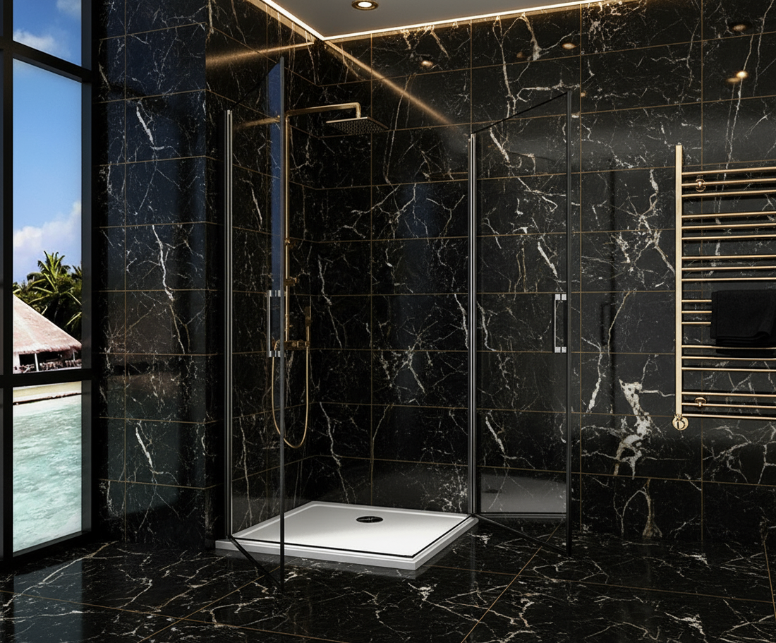 Duschkabine 200cm Schwarz Eckeinstieg 8mm ESG Schwingtür Drehtür mit Nano-Glas