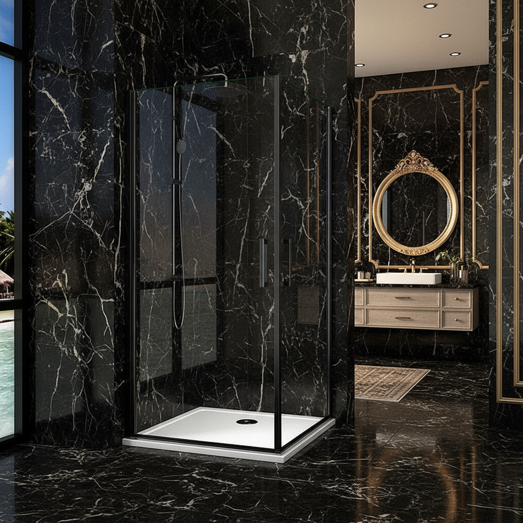 Duschkabine 200cm Schwarz Eckeinstieg 8mm ESG Schwingtür Drehtür mit Nano-Glas