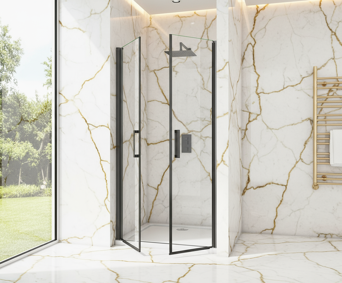 Duschtür 90x200cm Nischentür Schwarz Doppeltür Schwingtür 8mm ESG mit Nano-Glas