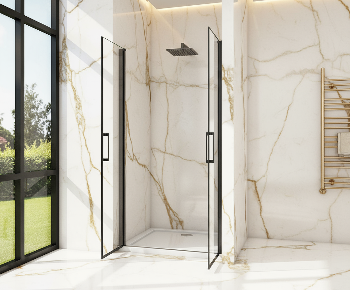 Duschtür 90x200cm Nischentür Schwarz Doppeltür Schwingtür 8mm ESG mit Nano-Glas